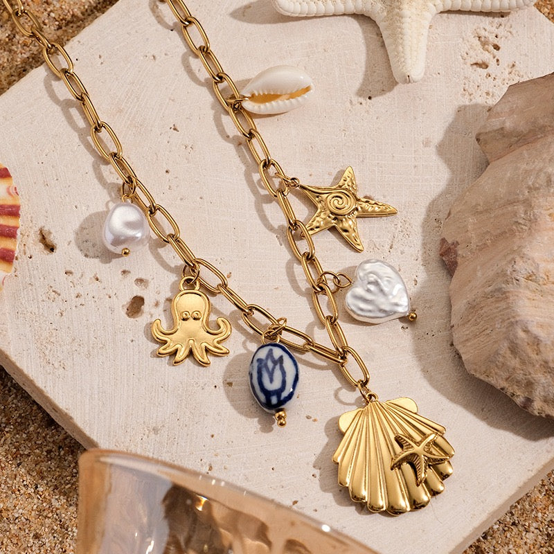 Blue shell octopus charm necklace