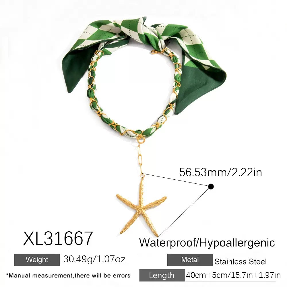 Green scarf starfish charm necklace