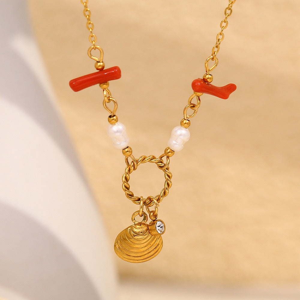 Red coral mini shell necklace