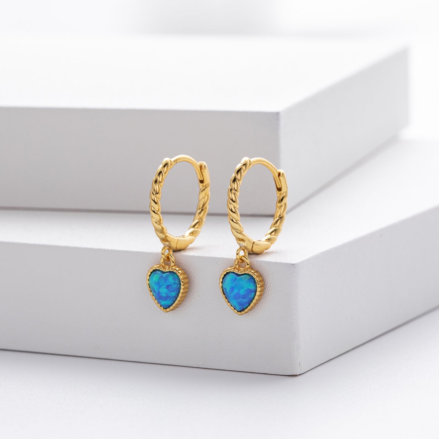 Opal sterling silver heart hoops