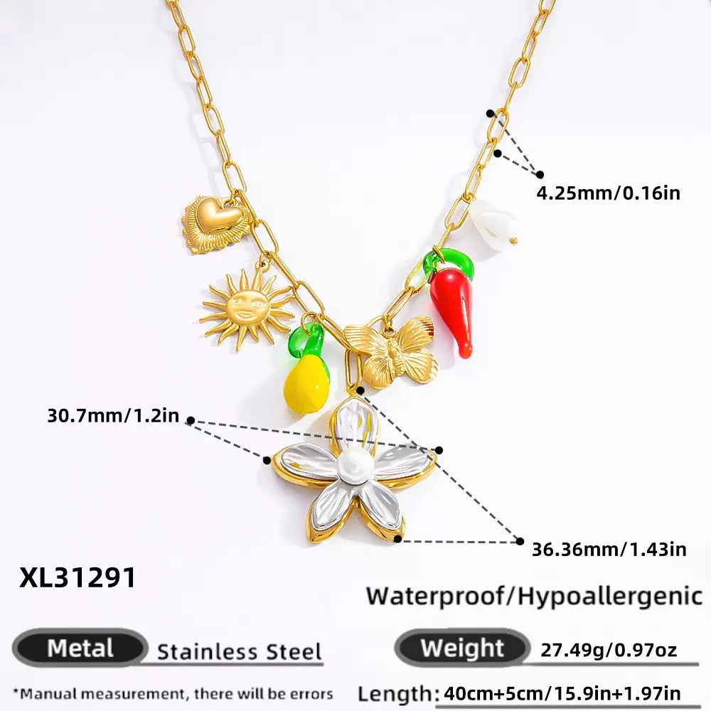 Two tones flower charm necklace