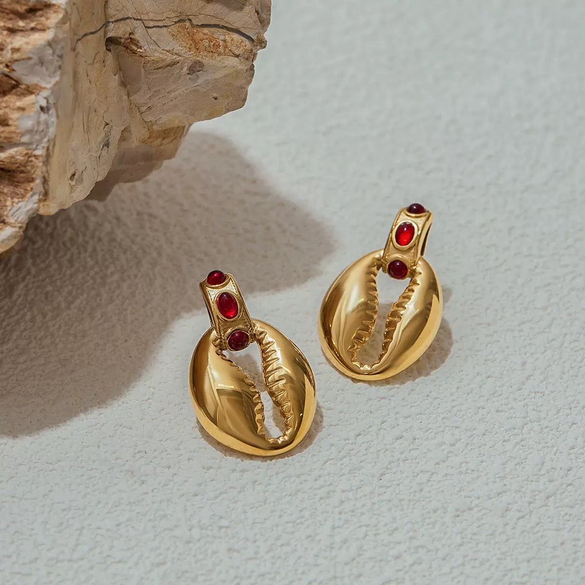 Ruby shell earrings
