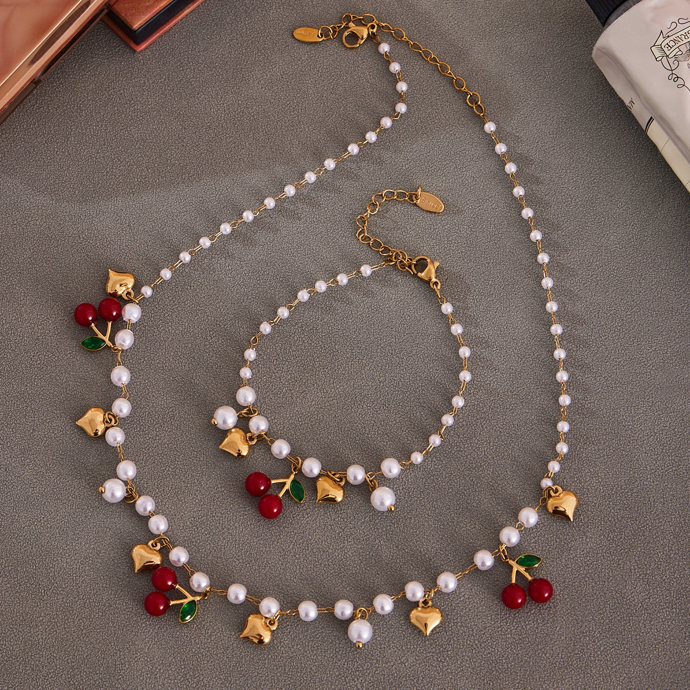 Pearly cherry charm necklace