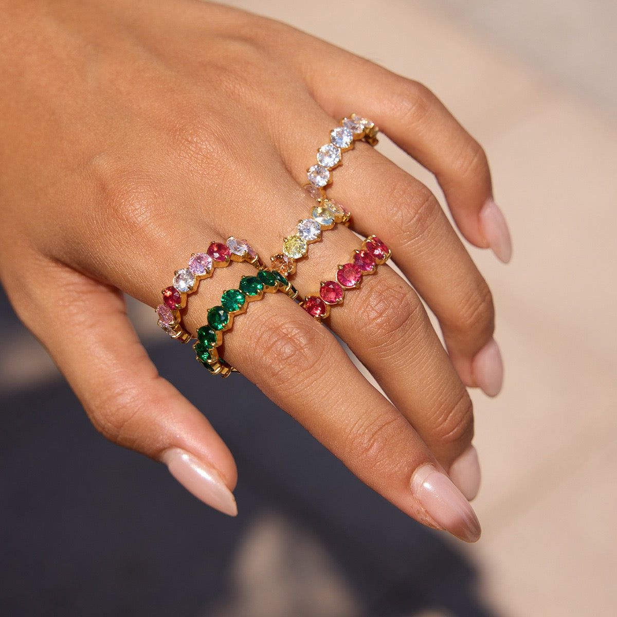 Rainbow Cubic Zirconia Band Ring – Gold Tone Stackable Statement Ring