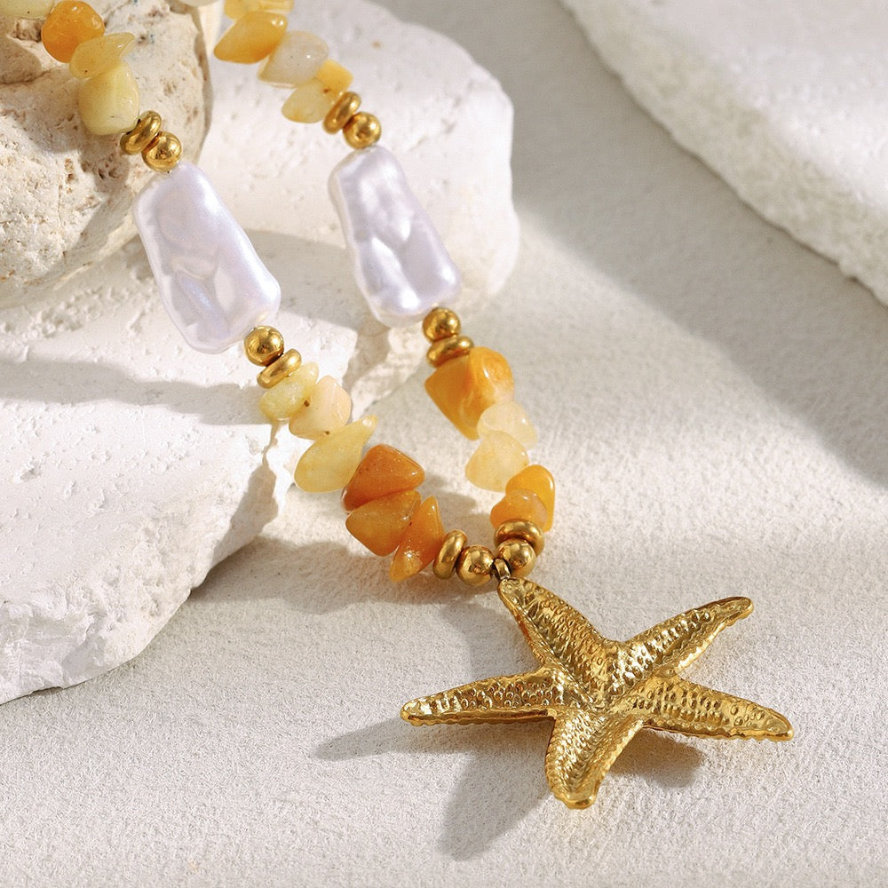Dangling charm starfish shell pearly necklace