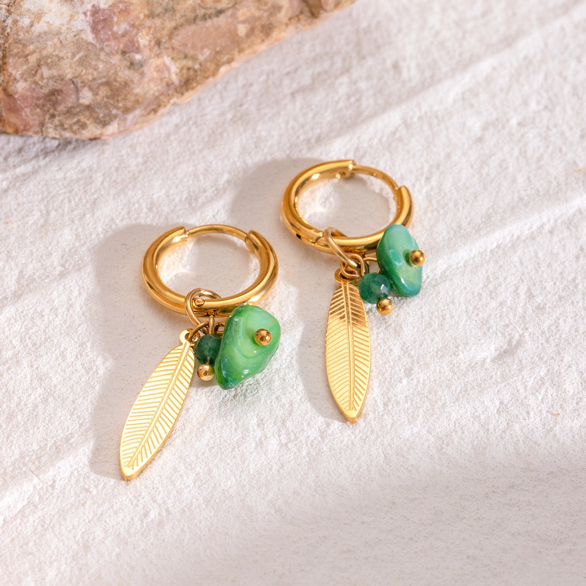 Green leaf hoops earrings