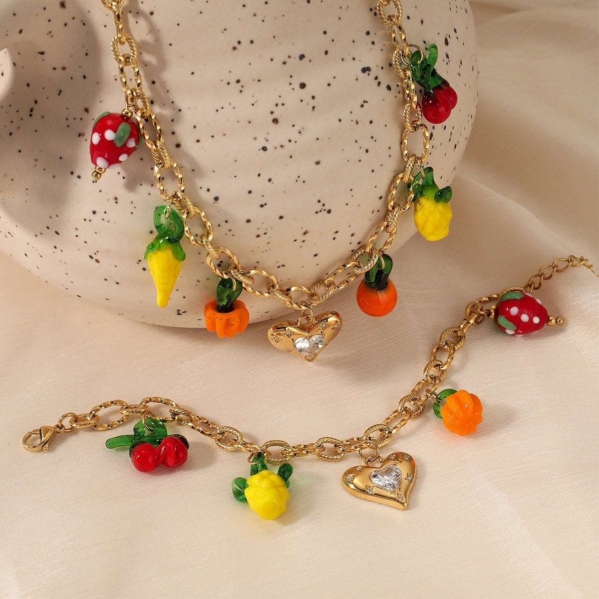 Summer fruit strawberry heart charm set
