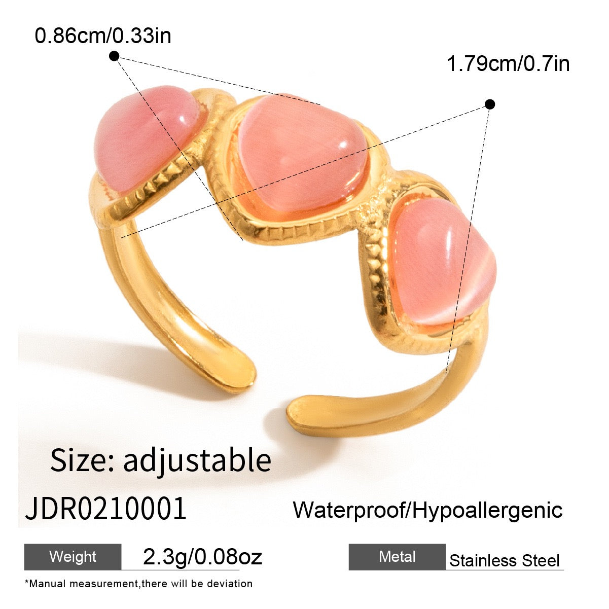 Pink Heart Adjustable Ring – Gold Tone Statement Ring