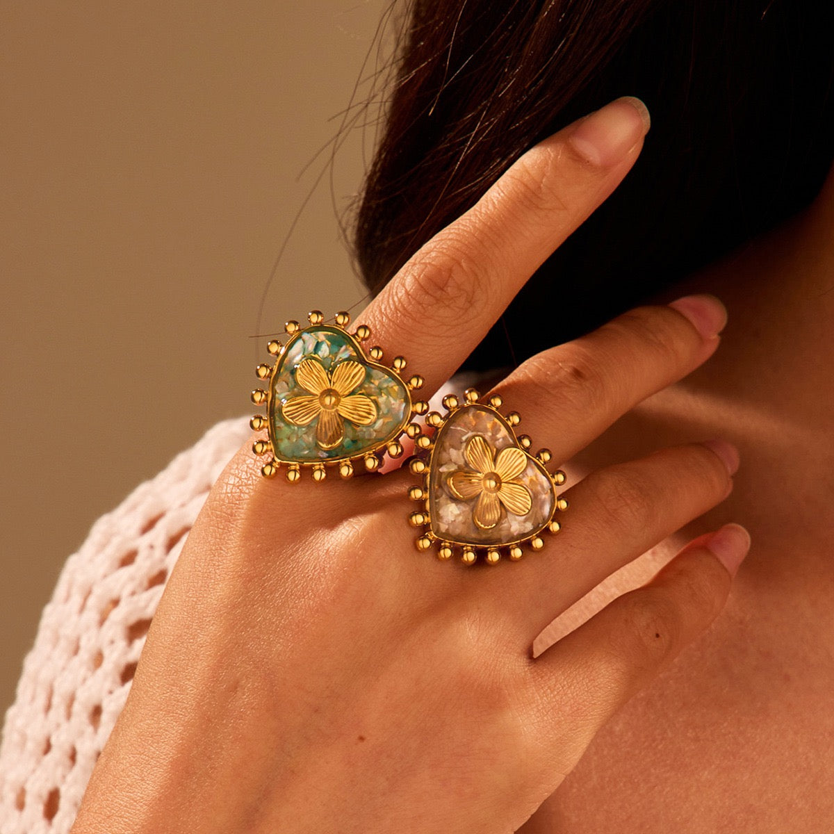 Green heart flower ring