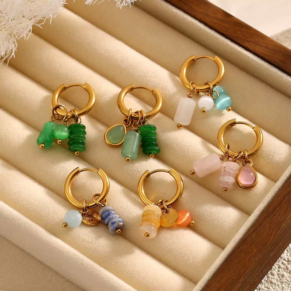 Colorful stones leaf earrings