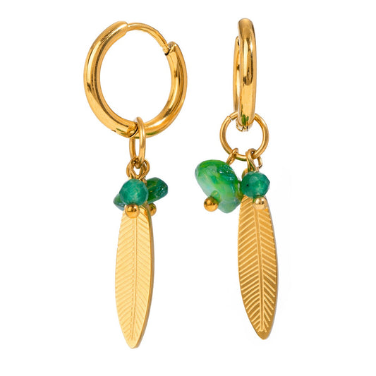 Green leaf hoops earrings