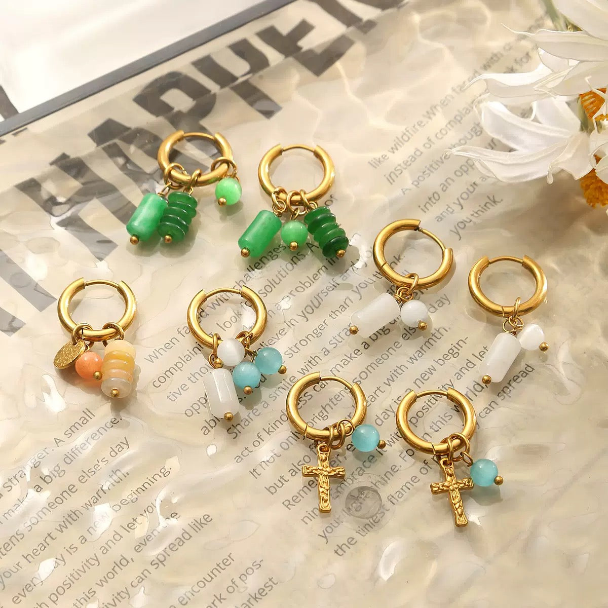 Colorful stones leaf earrings