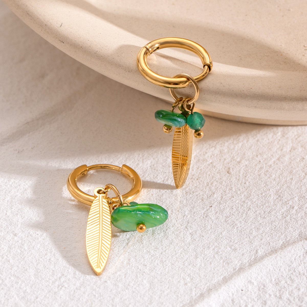 Green leaf hoops earrings