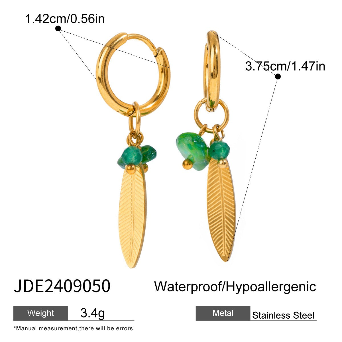 Green leaf hoops earrings