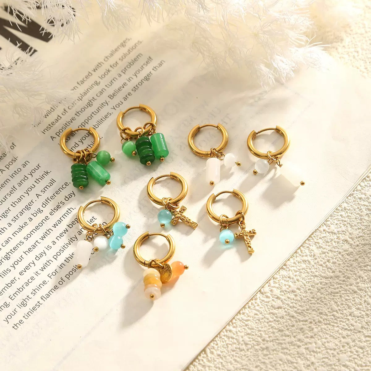 Colorful stones leaf earrings