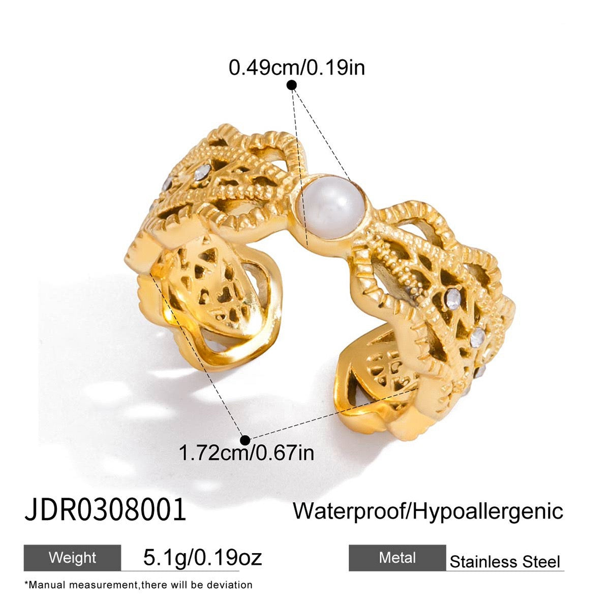 Pearl Heart Ribbon Ring – Gold Tone Statement Ring