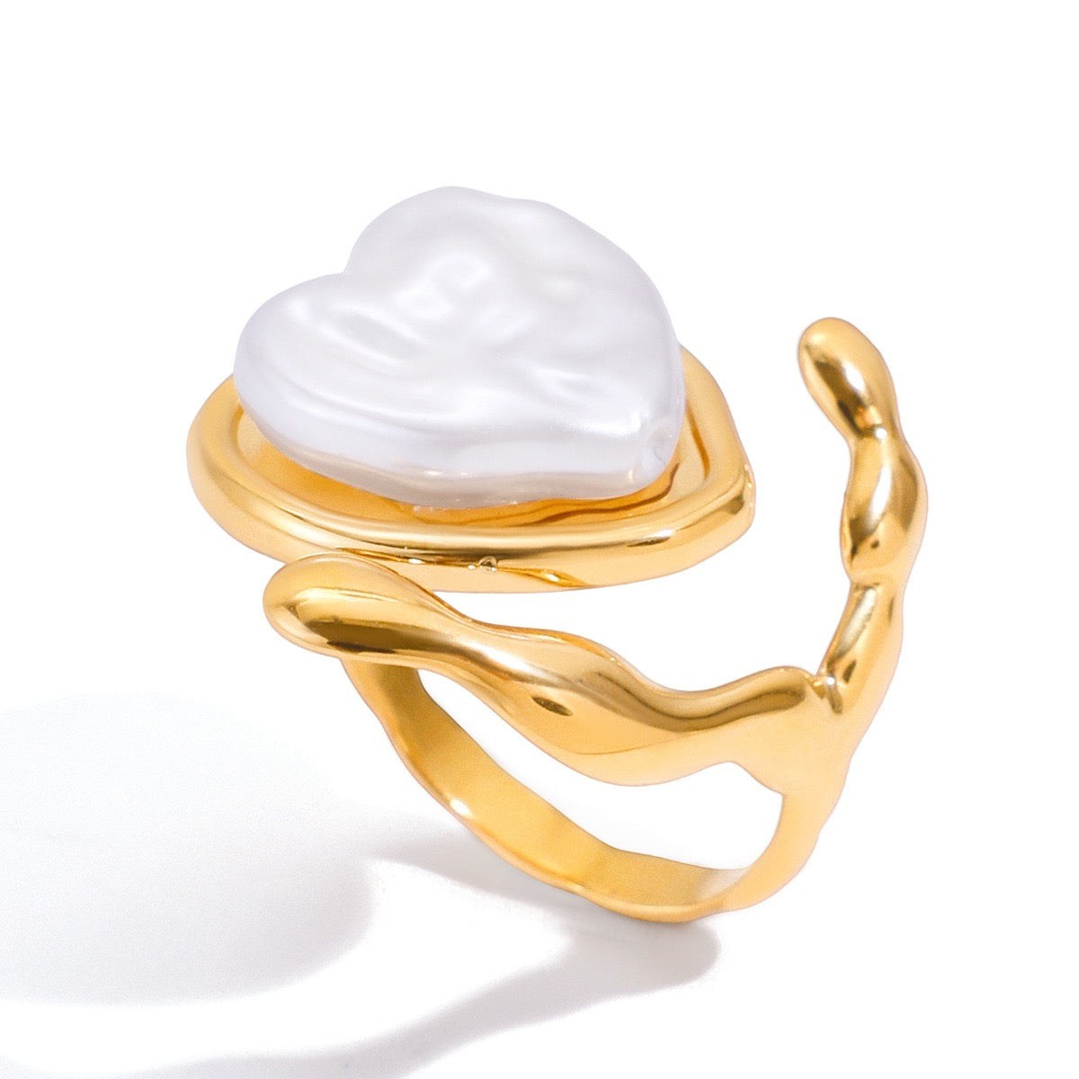 Pearl Heart Ribbon Ring – Gold Tone Statement Ring