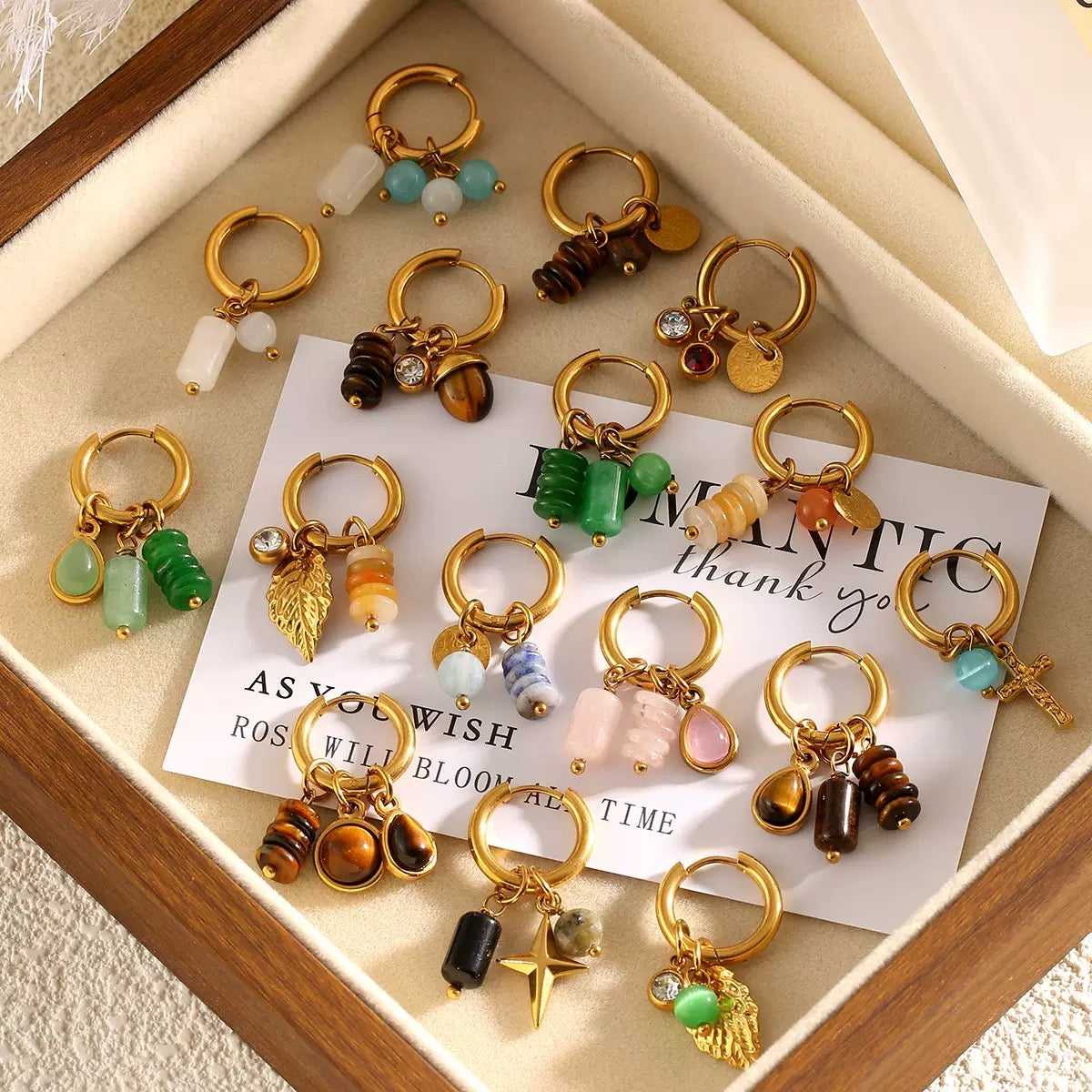 Colorful stones leaf earrings