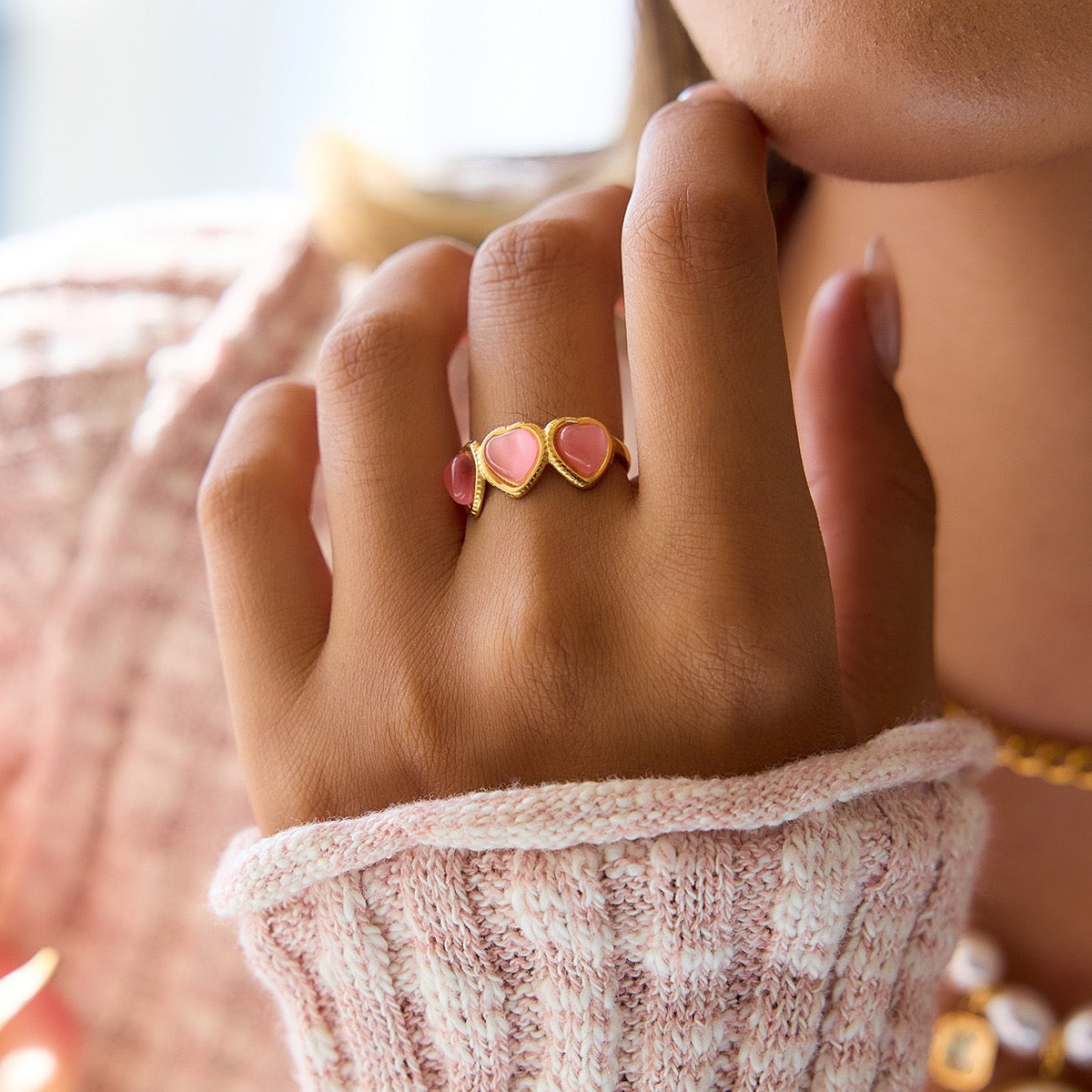 Pink Heart Adjustable Ring – Gold Tone Statement Ring