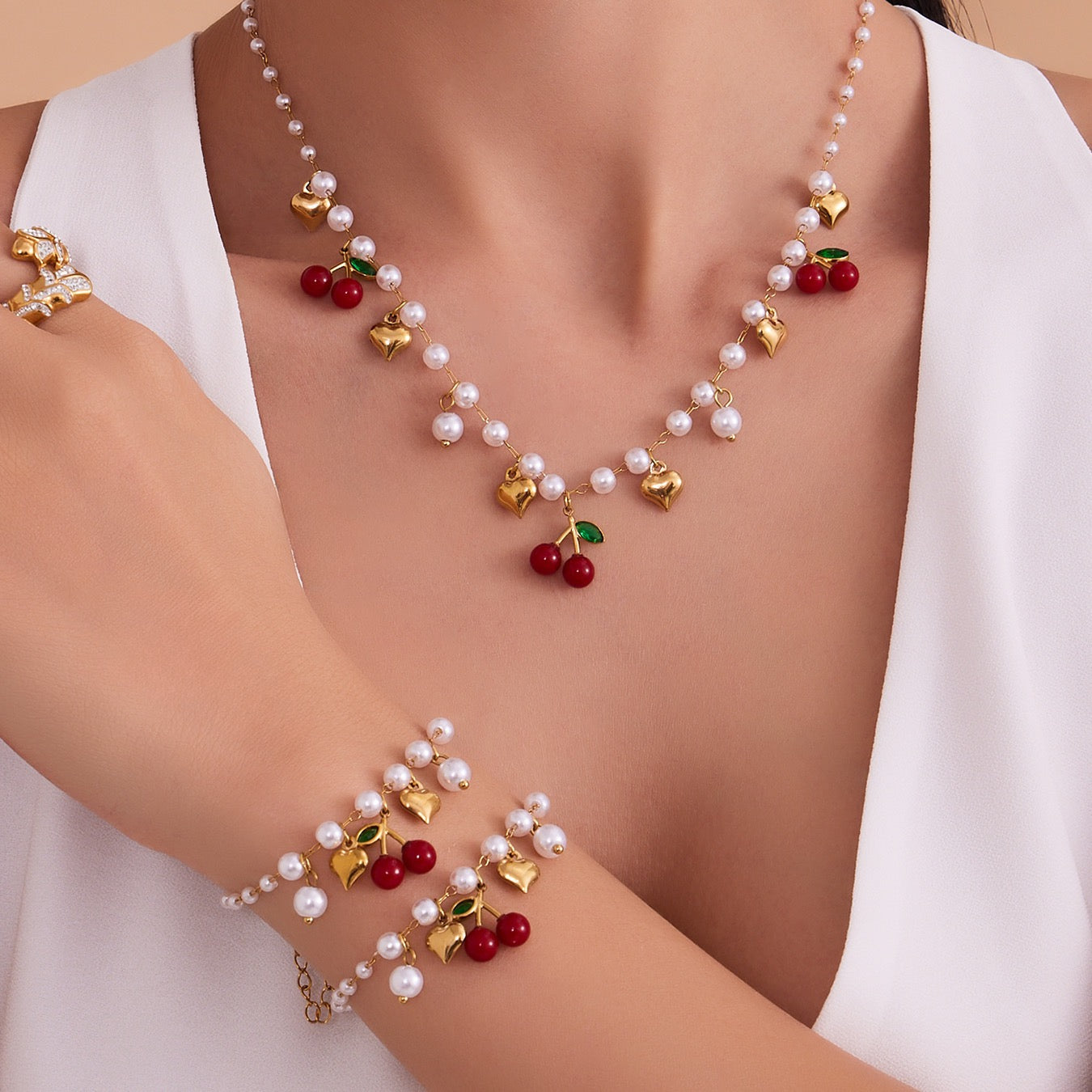 Pearly cherry charm necklace