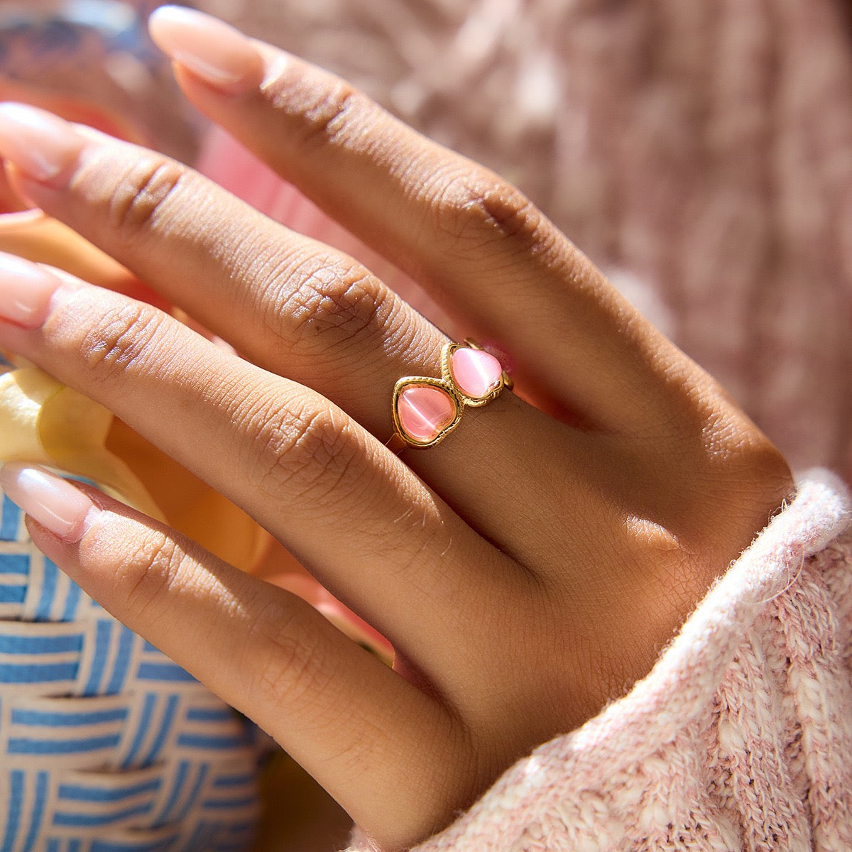 Pink Heart Adjustable Ring – Gold Tone Statement Ring
