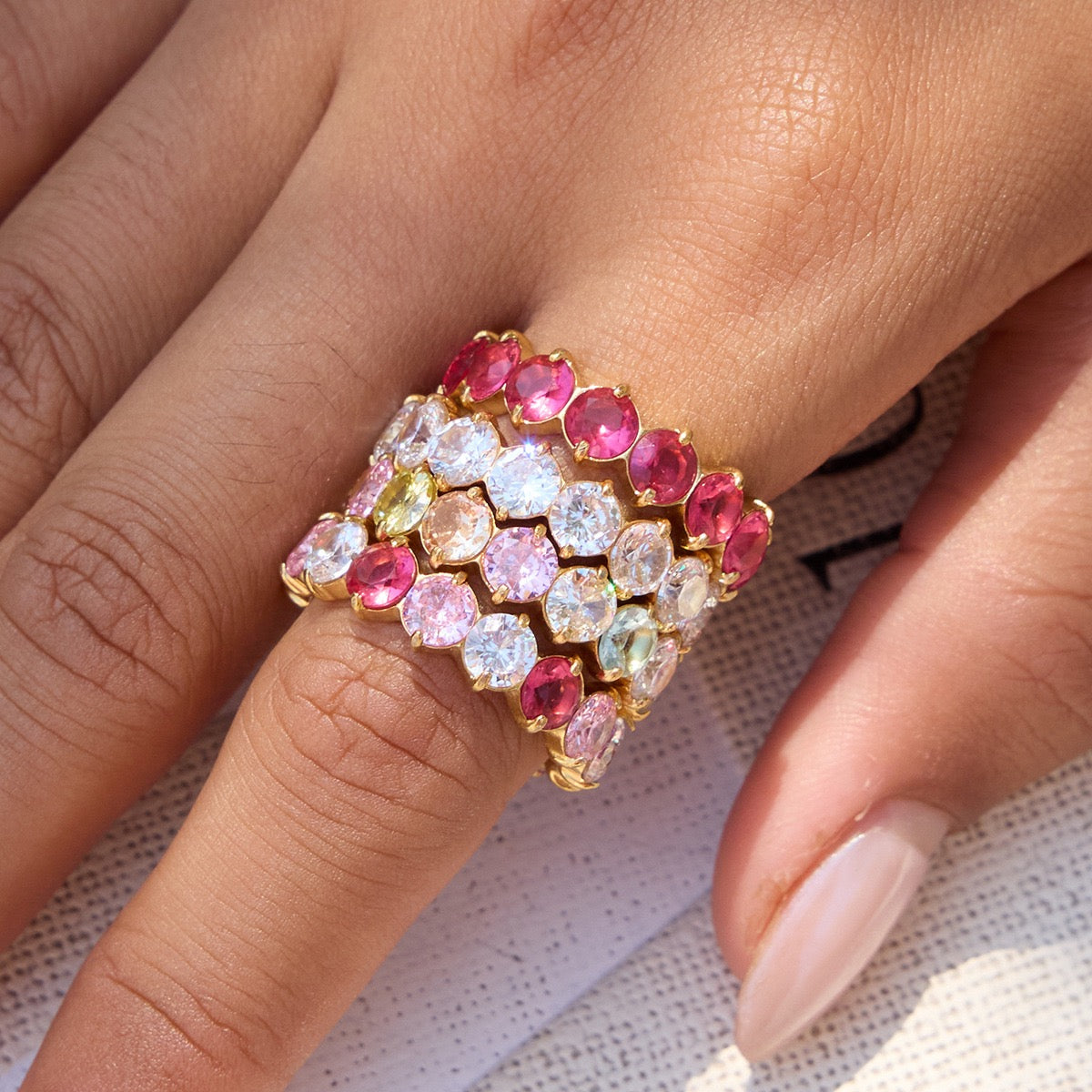 Rainbow Cubic Zirconia Band Ring – Gold Tone Stackable Statement Ring