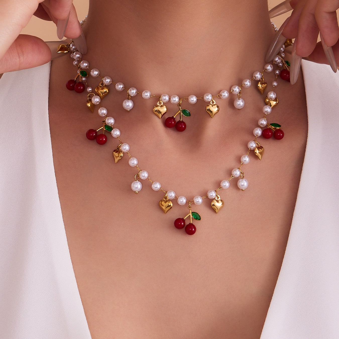 Pearly cherry charm necklace