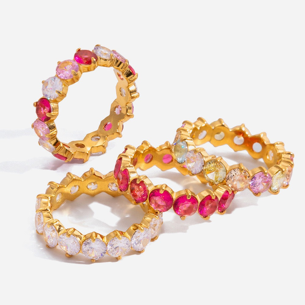 Rainbow Cubic Zirconia Band Ring – Gold Tone Stackable Statement Ring