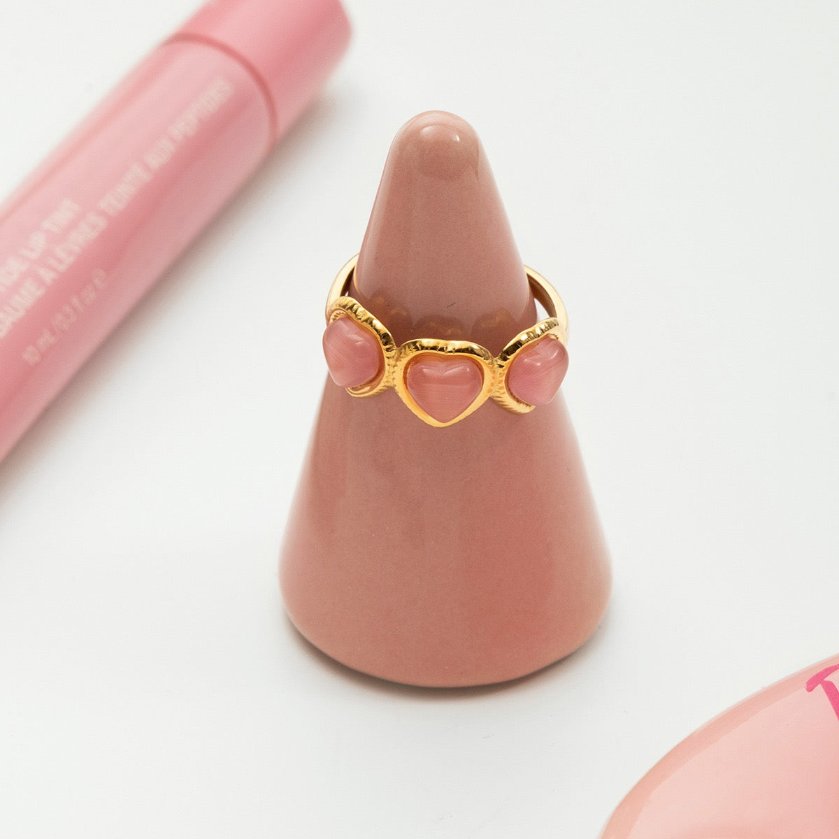 Pink Heart Adjustable Ring – Gold Tone Statement Ring