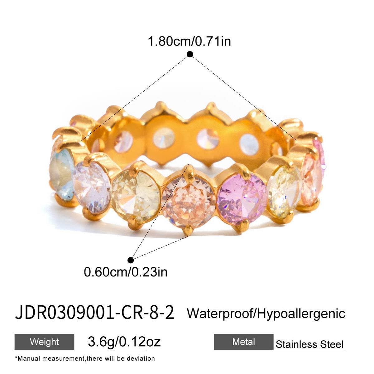 Rainbow Cubic Zirconia Band Ring – Gold Tone Stackable Statement Ring