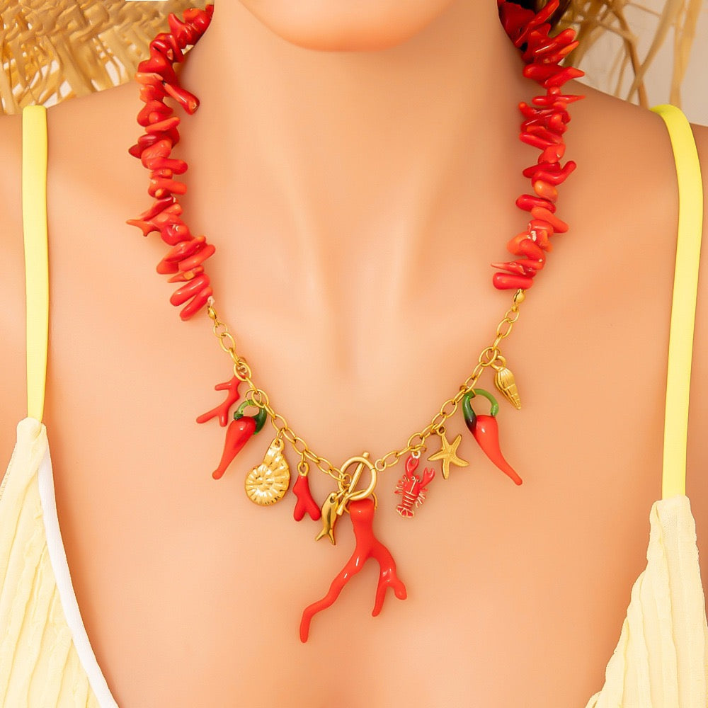 Red coral pendant necklace