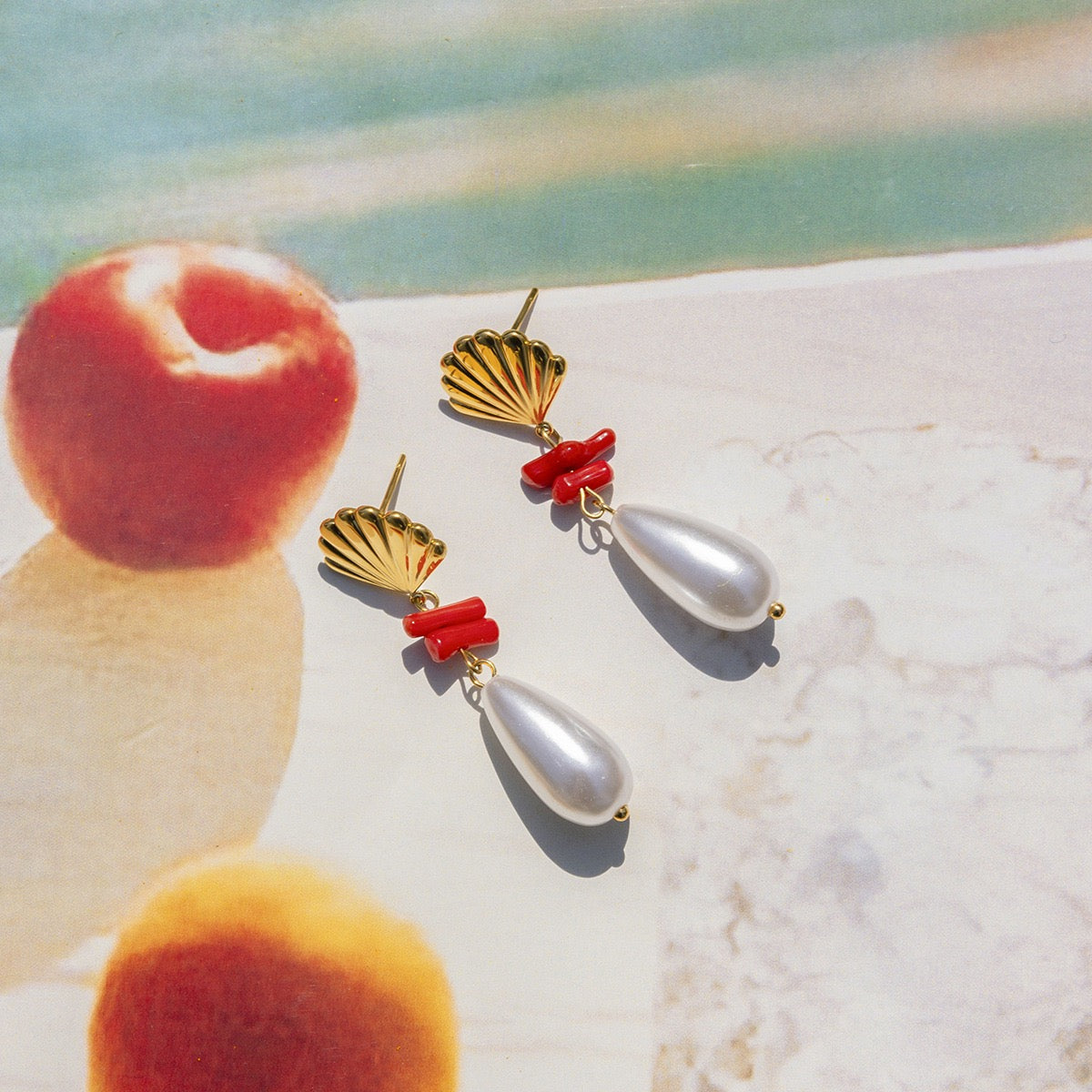 Red coral shell earrings