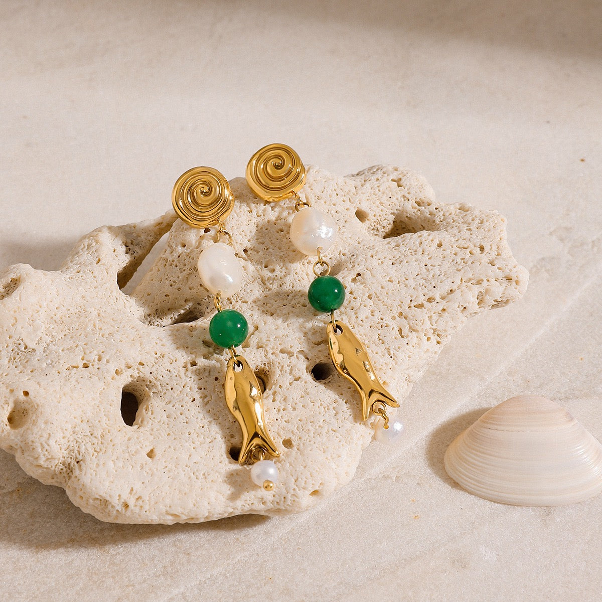 Green fish beach earrings