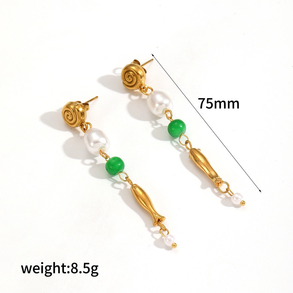 Green fish beach earrings