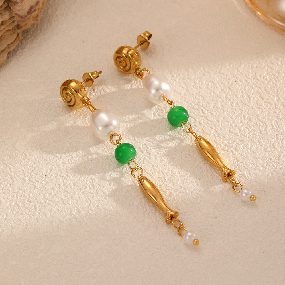 Green fish beach earrings