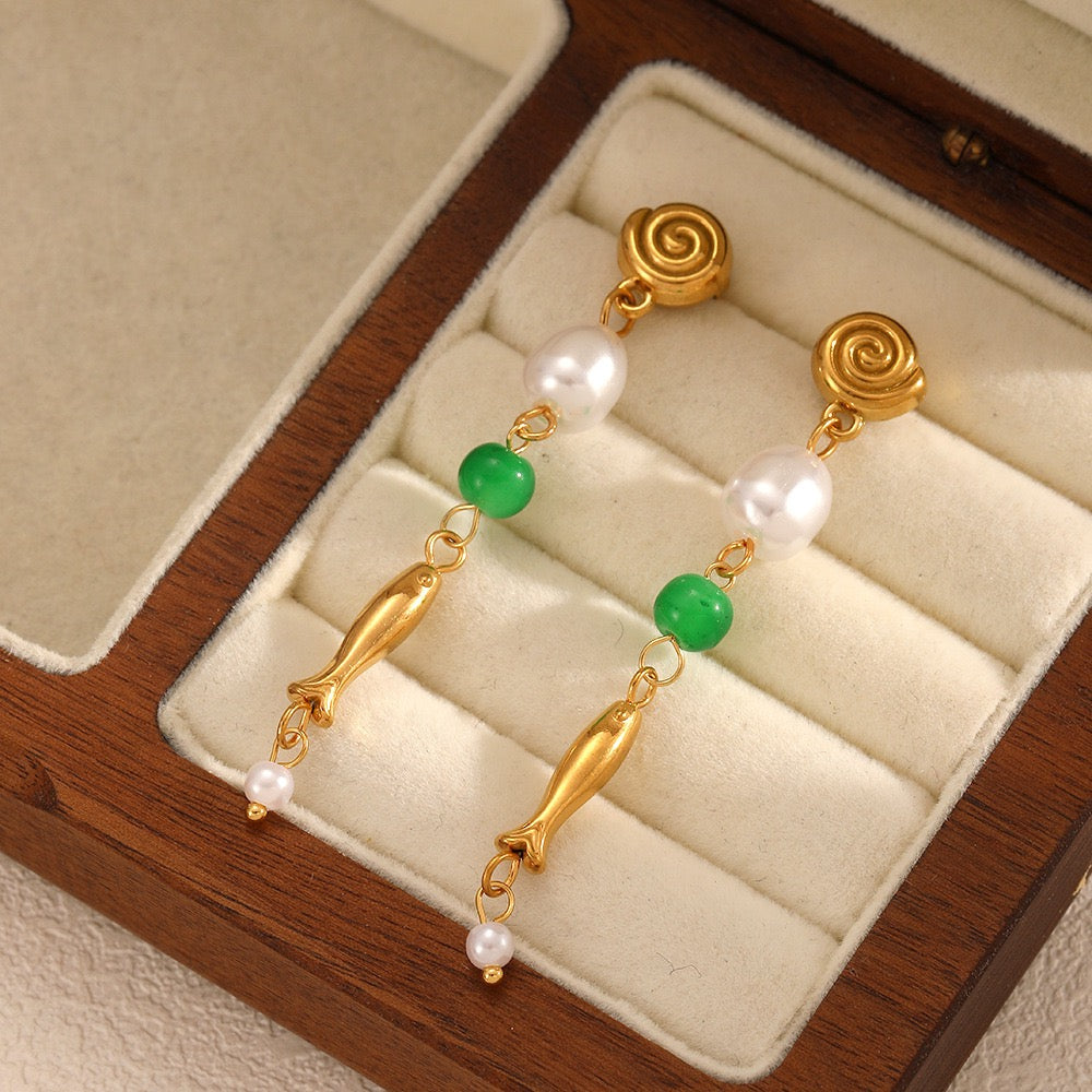 Green fish beach earrings
