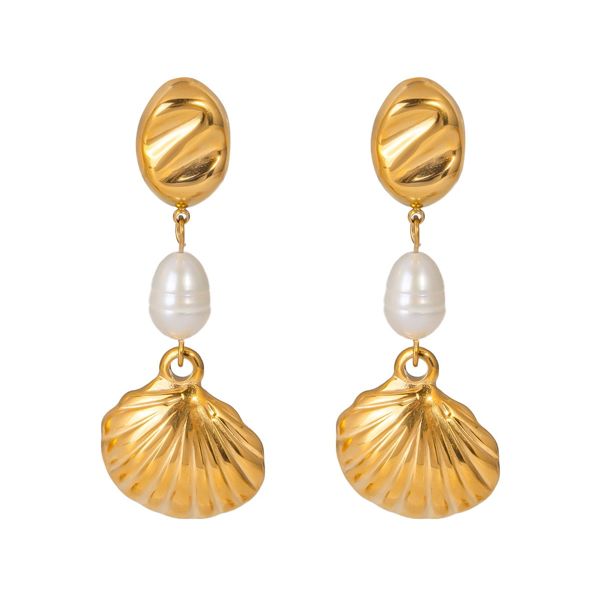 Golden shell pearl earrings