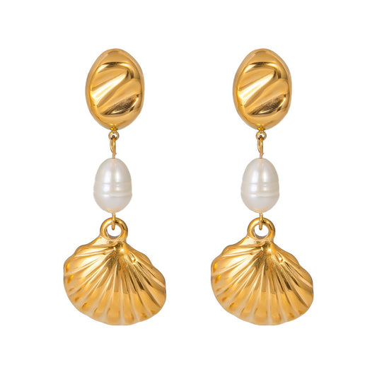 Golden shell pearl earrings