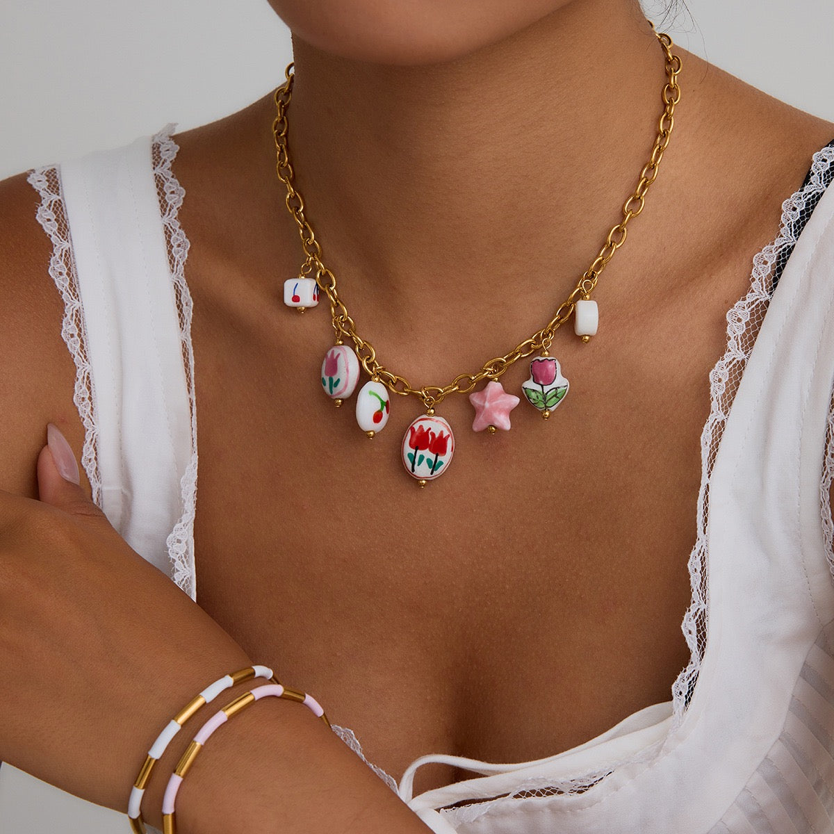 Flower color charm necklace