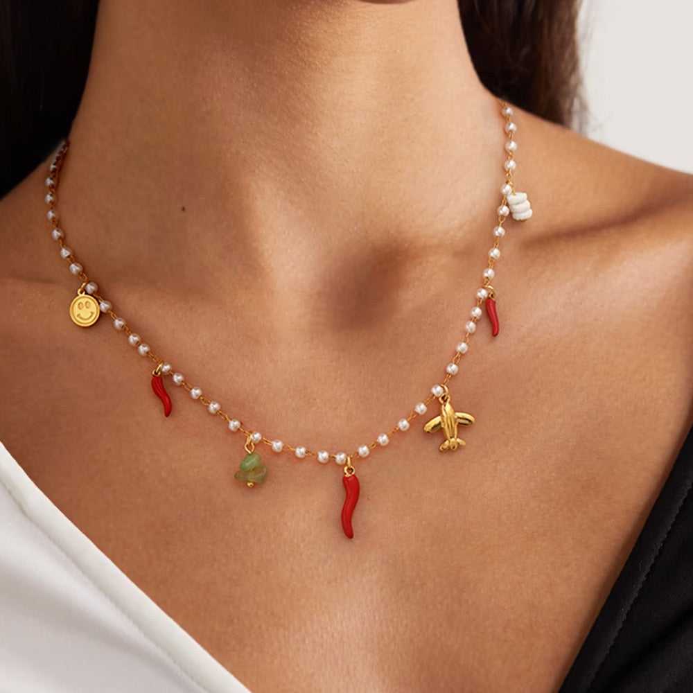 Red chilli charm pearly necklace