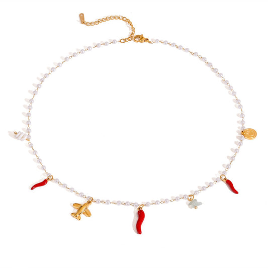 Red chilli charm pearly necklace