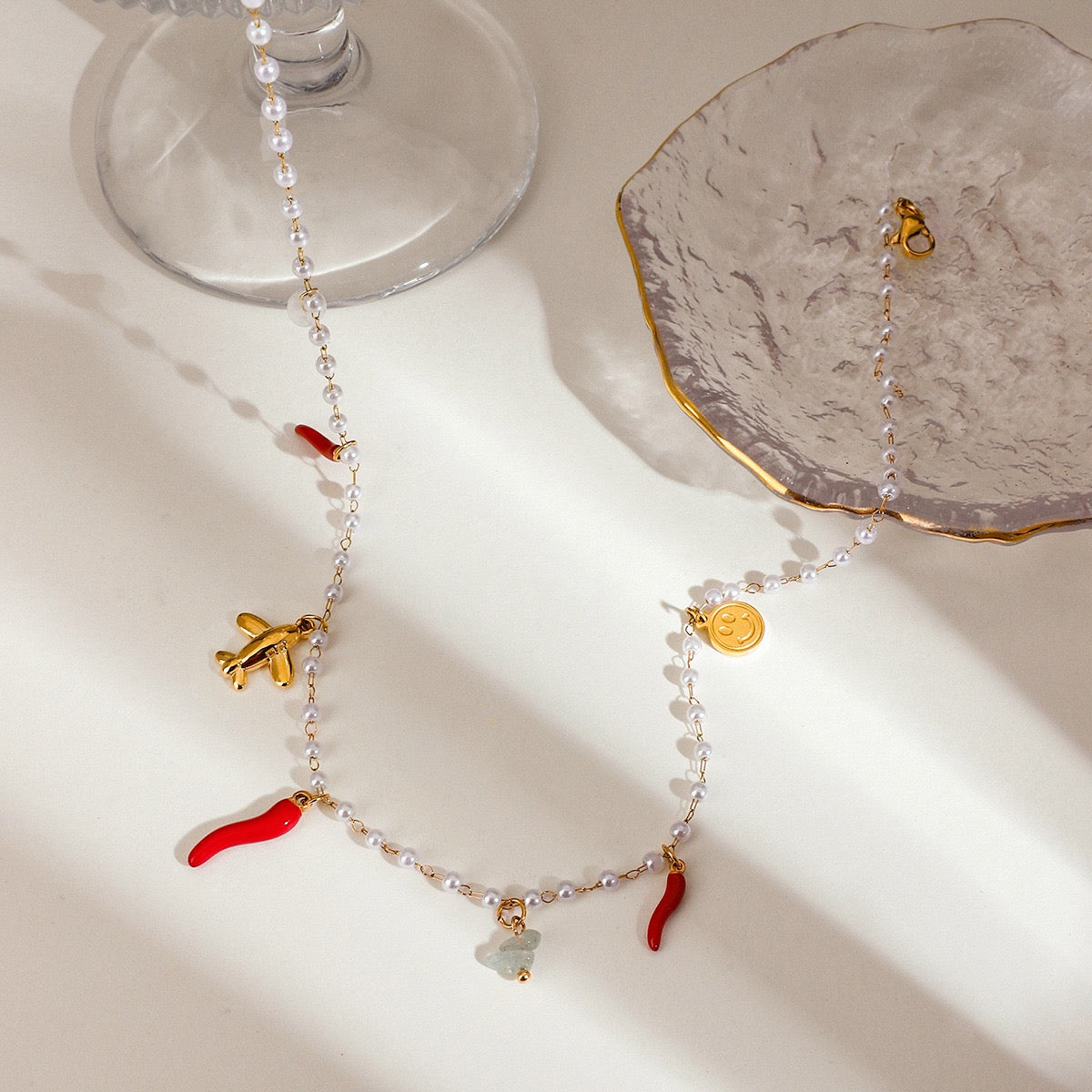 Red chilli charm pearly necklace