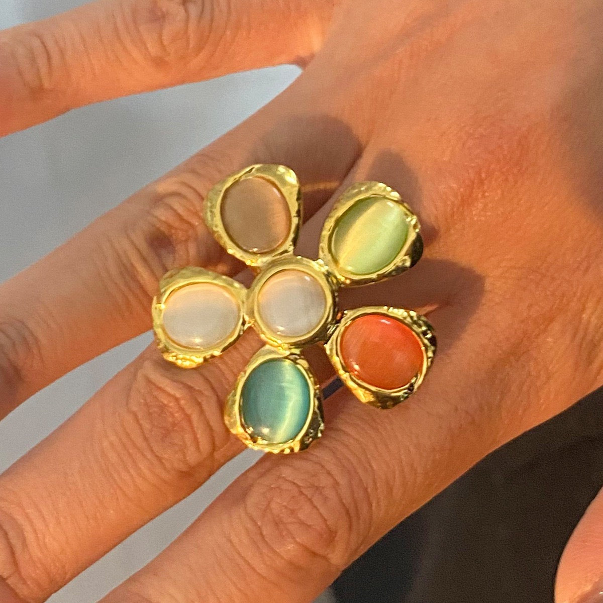 Rainbow cateye flower rings