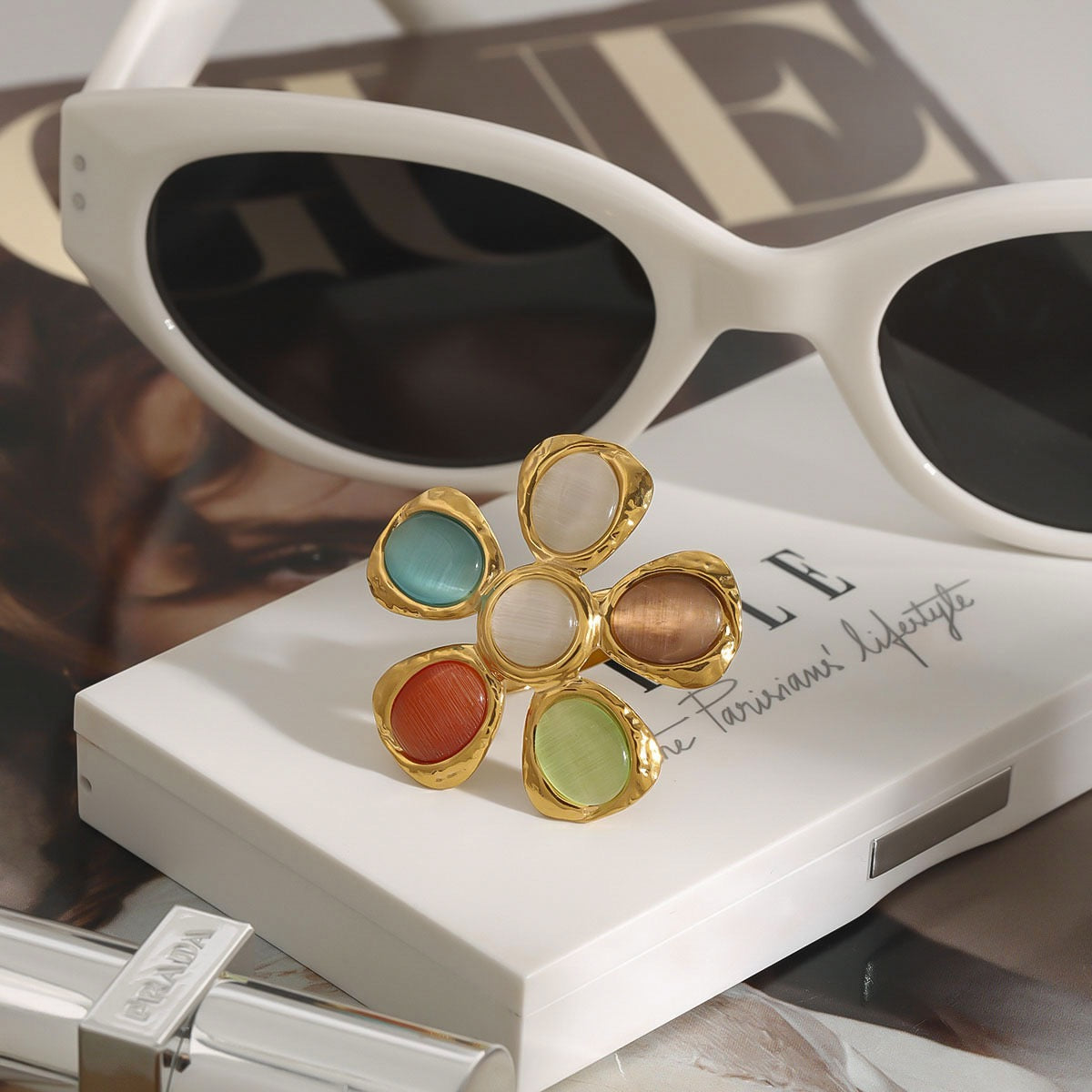 Rainbow cateye flower rings
