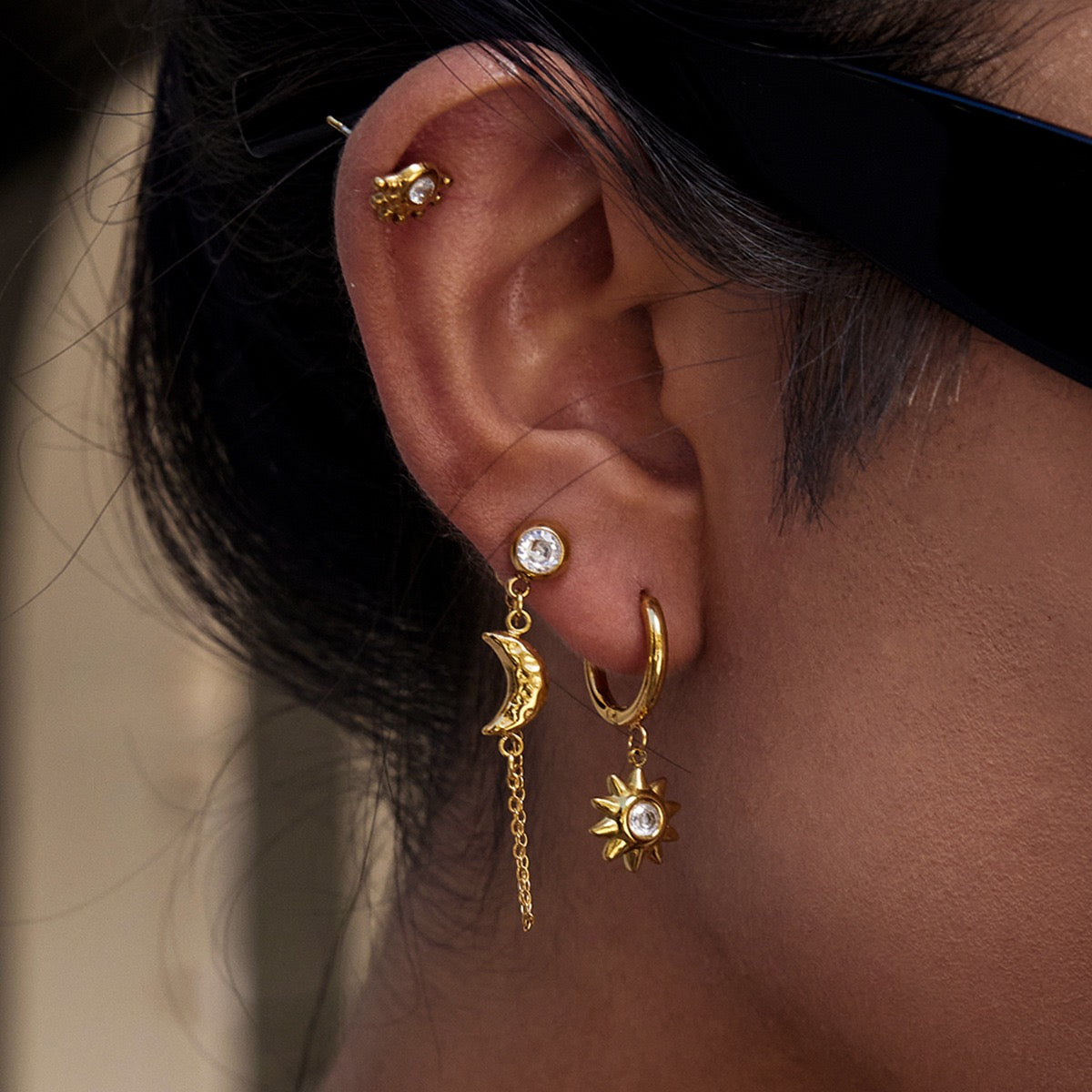 Moon and star stacking earrings