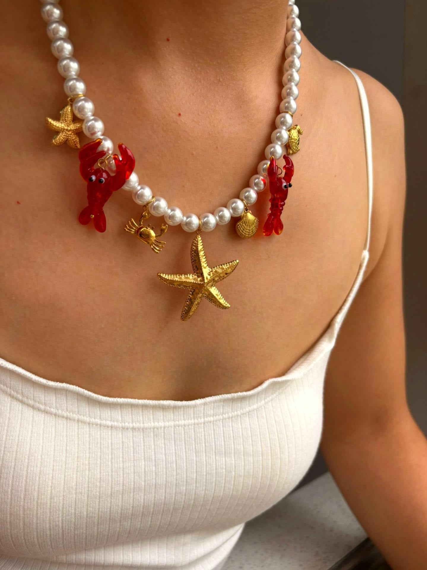 Red lobster starfish charm necklace