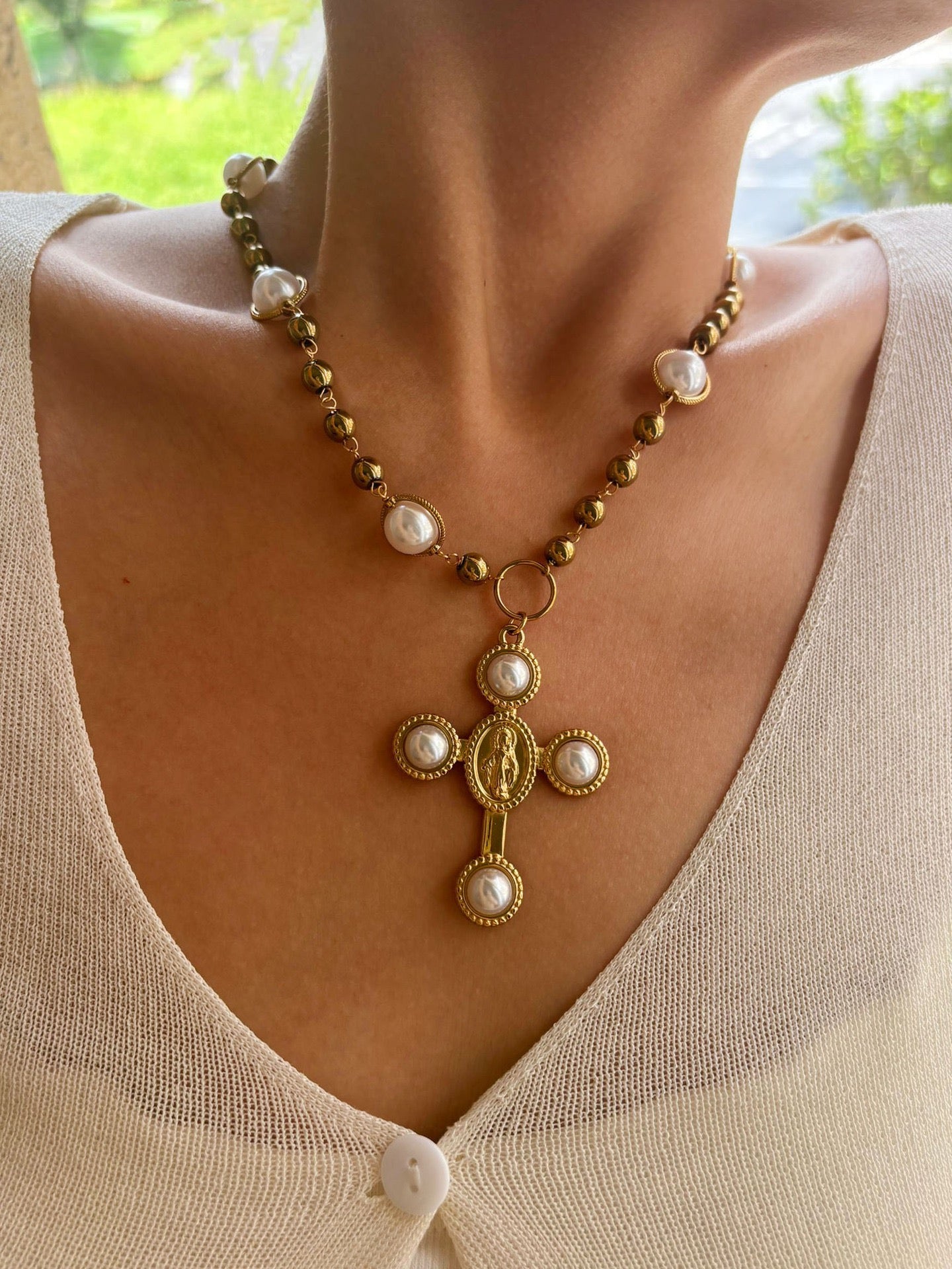 White statement cross necklace
