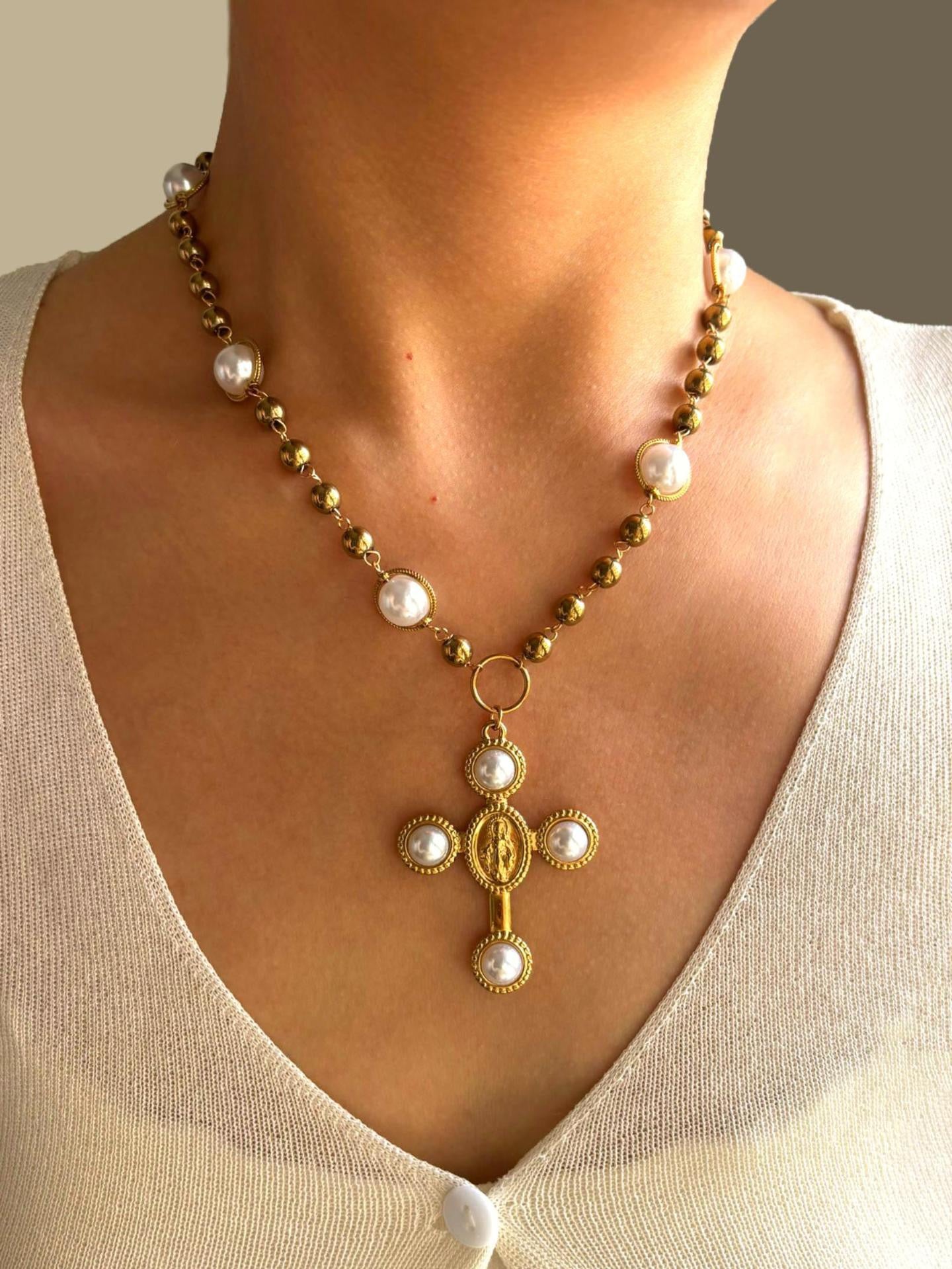 White statement cross necklace