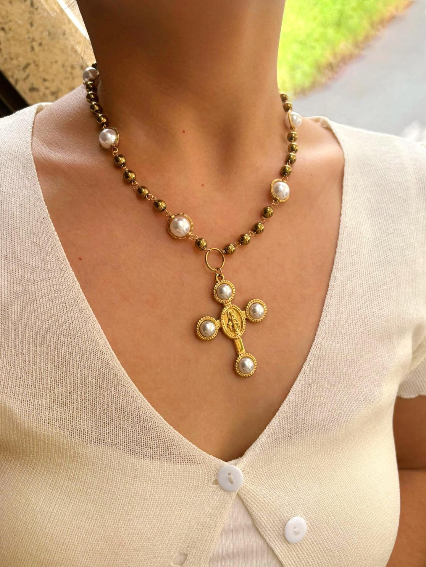 White statement cross necklace