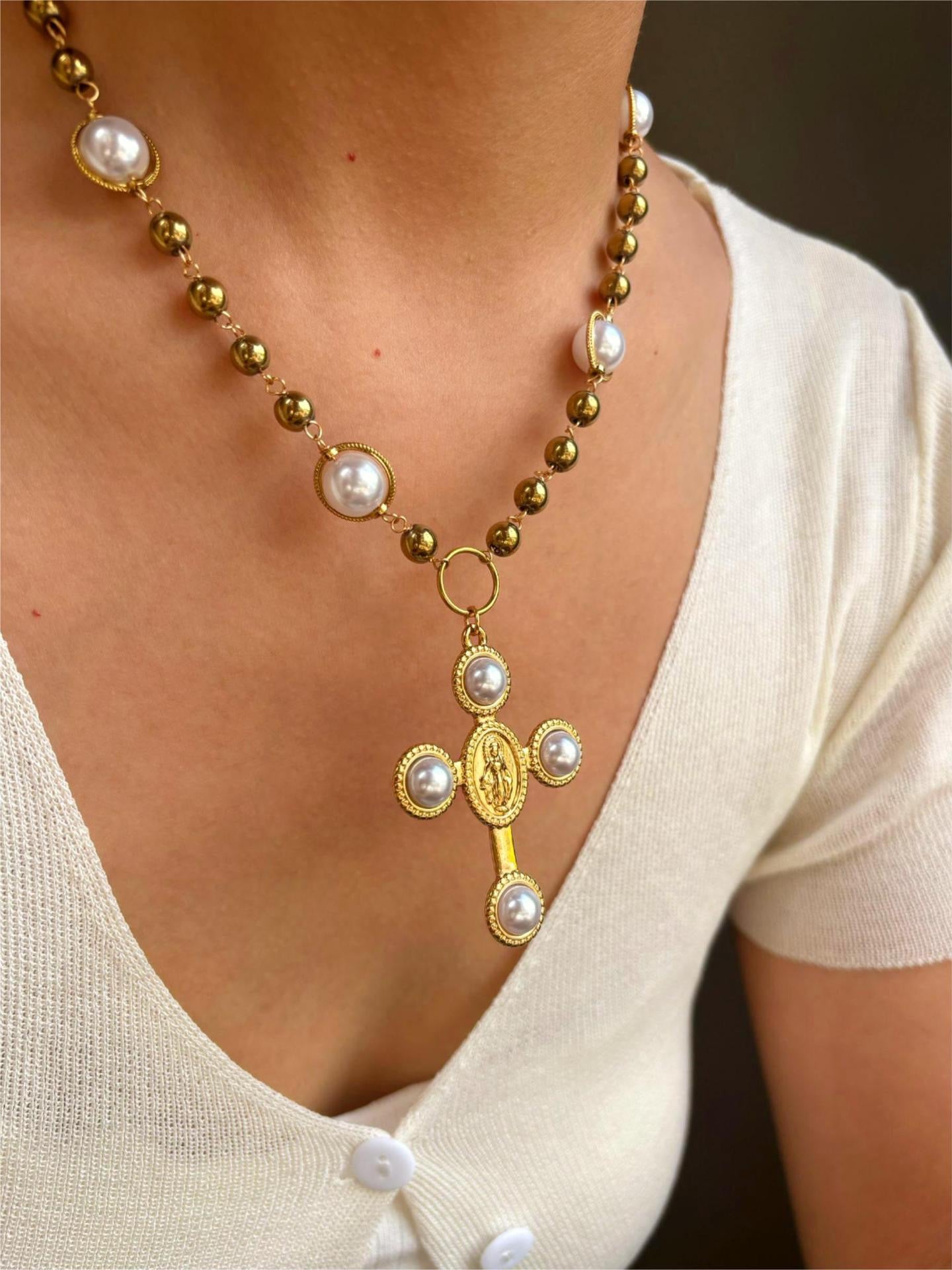 White statement cross necklace